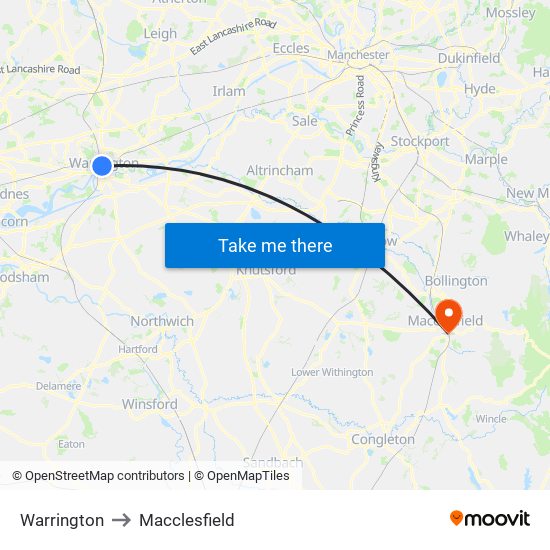 Warrington to Macclesfield map