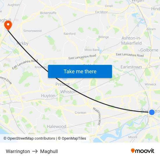 Warrington to Maghull map