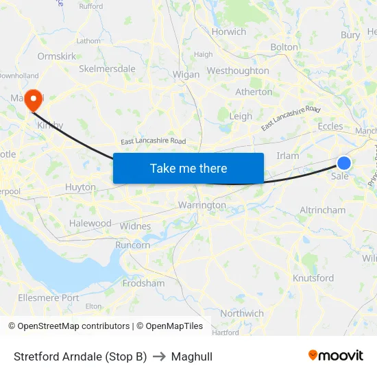 Stretford Mall to Maghull map