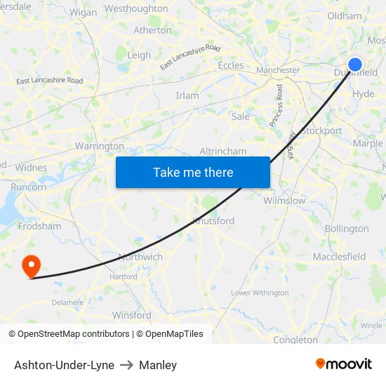 Ashton-Under-Lyne to Manley map