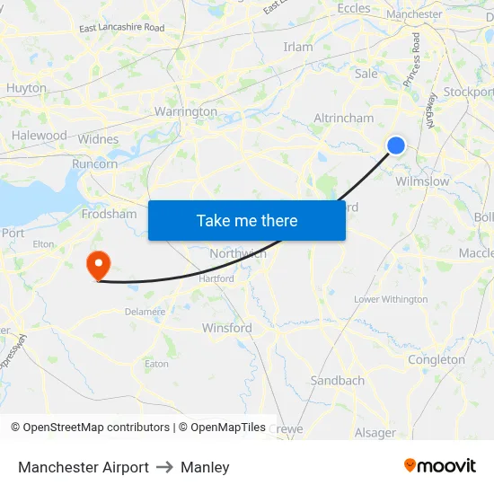 Manchester Airport to Manley map