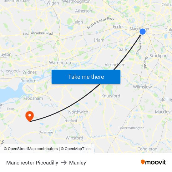 Manchester Piccadilly to Manley map