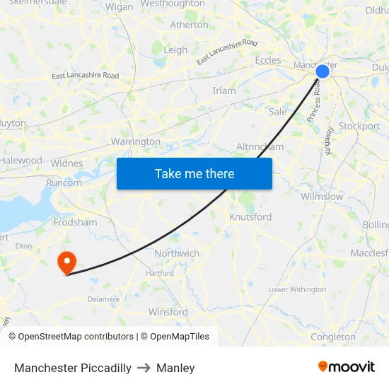 Manchester Piccadilly to Manley map