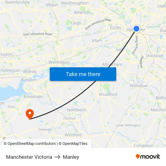 Manchester Victoria to Manley map