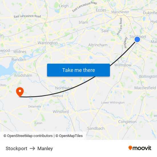 Stockport to Manley map