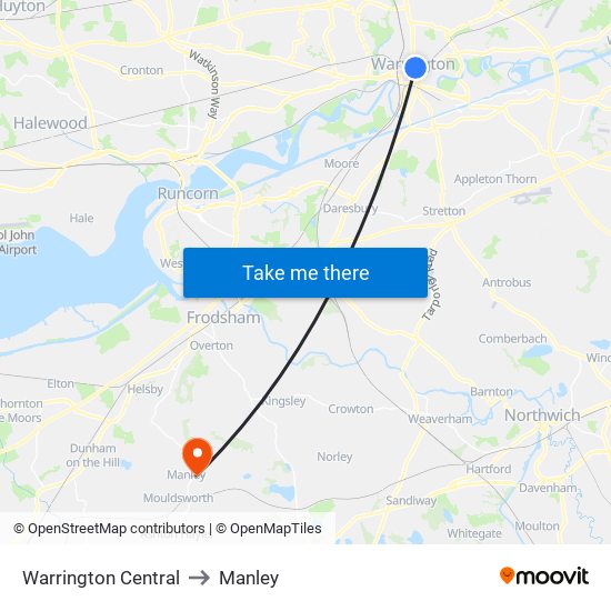 Warrington Central to Manley map