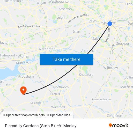 Piccadilly Gardens (Stop B) to Manley map