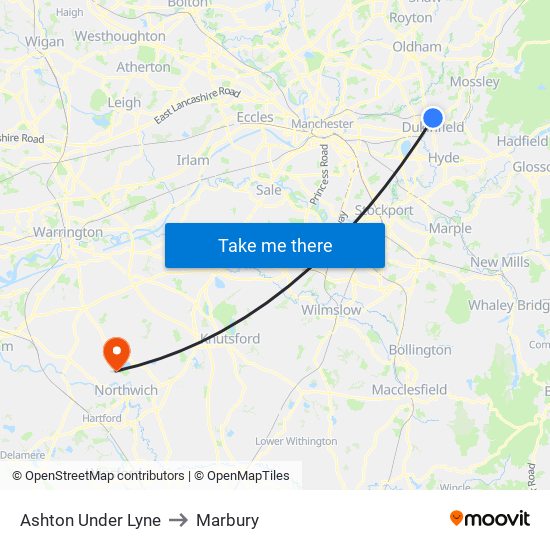 Ashton Under Lyne to Marbury map
