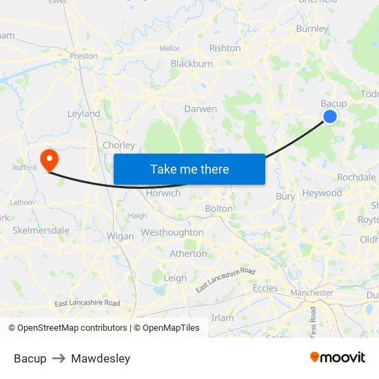 Bacup to Mawdesley map