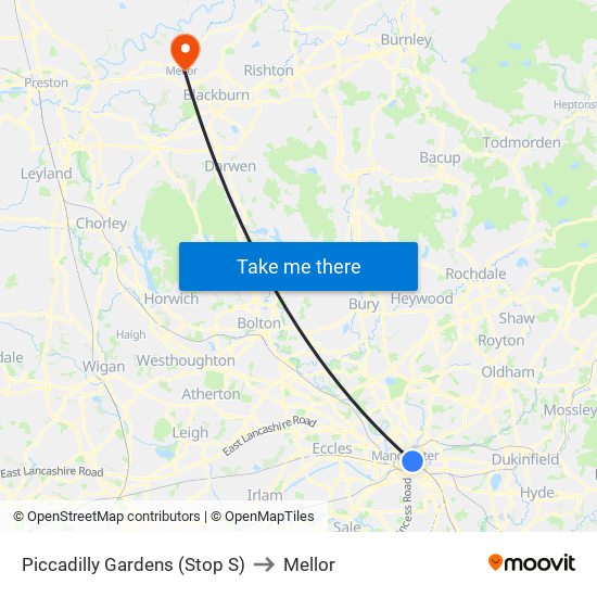Piccadilly Gardens (Stop S) to Mellor map