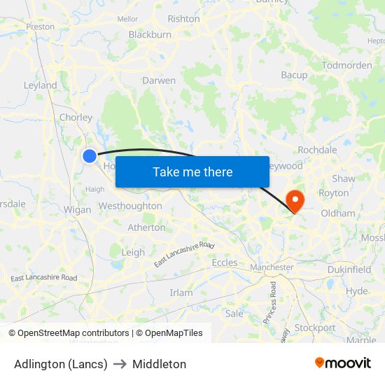 Adlington (Lancs) to Middleton map