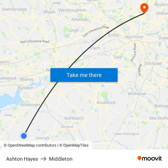 Ashton Hayes to Middleton map