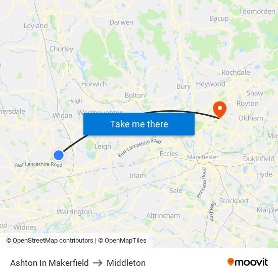 Ashton In Makerfield to Middleton map