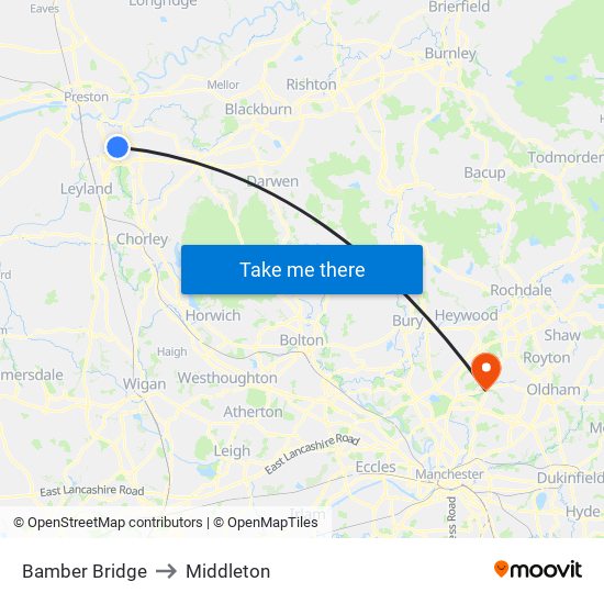 Bamber Bridge to Middleton map