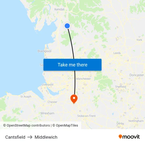 Cantsfield to Middlewich map