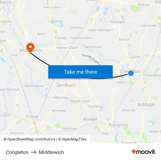 Congleton to Middlewich map