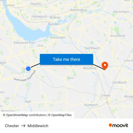 Chester to Middlewich map
