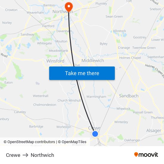Crewe to Northwich map