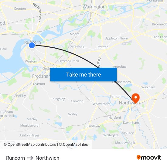 Runcorn to Northwich map