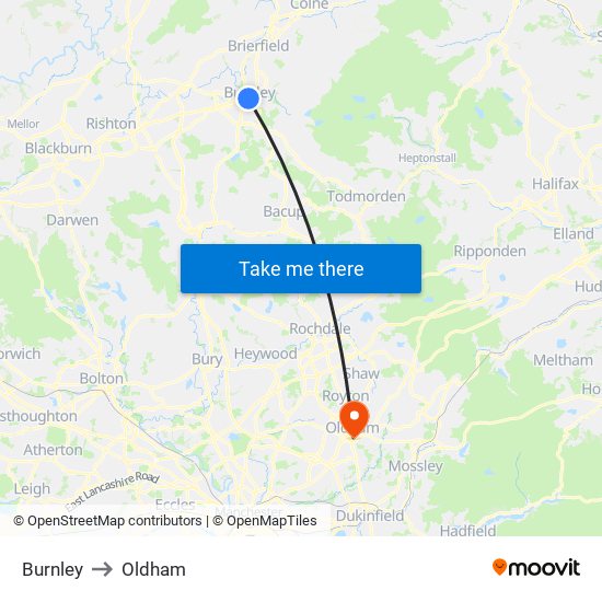 Burnley to Oldham map