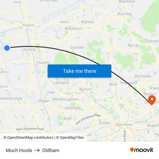 Much Hoole to Oldham map