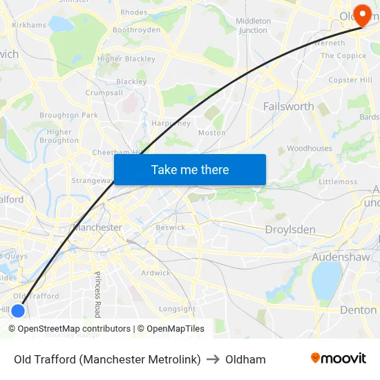 Old Trafford (Manchester Metrolink) to Oldham map