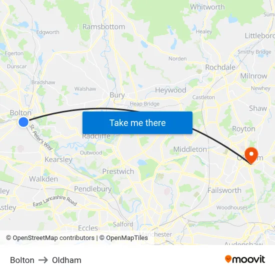 Bolton to Oldham map