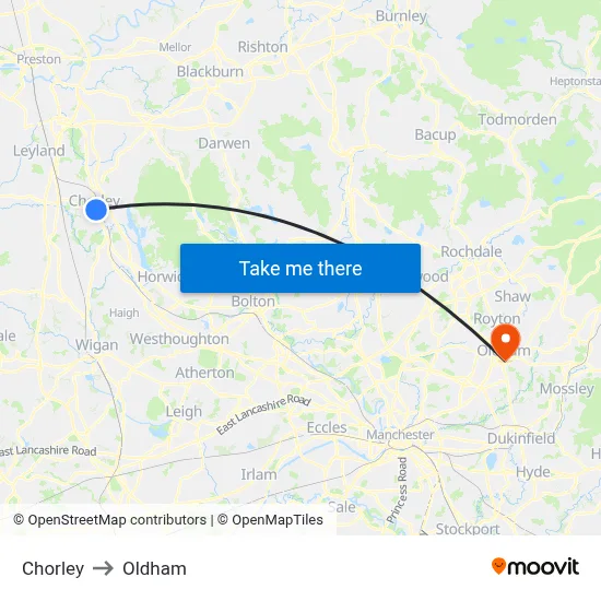 Chorley to Oldham map