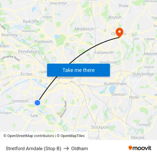 Stretford Mall to Oldham map