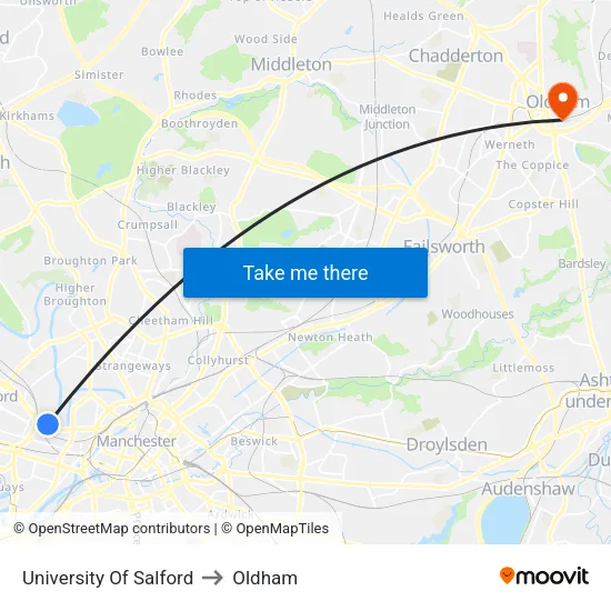 University Of Salford to Oldham map