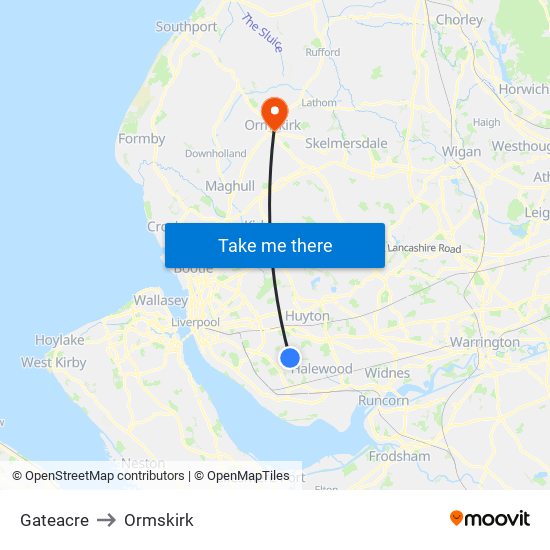 Gateacre to Ormskirk map