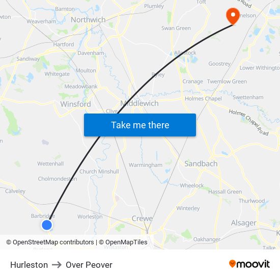 Hurleston to Over Peover map