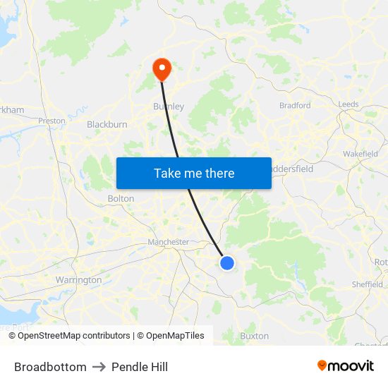 Broadbottom to Pendle Hill map