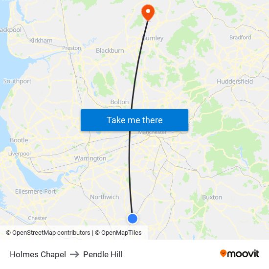 Holmes Chapel to Pendle Hill map