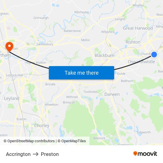 Accrington to Preston map