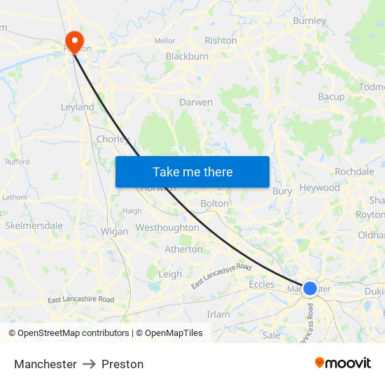 Manchester to Preston map