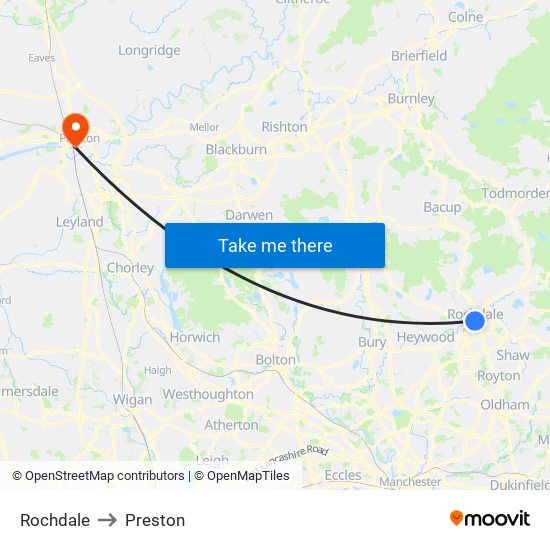 Rochdale to Preston map