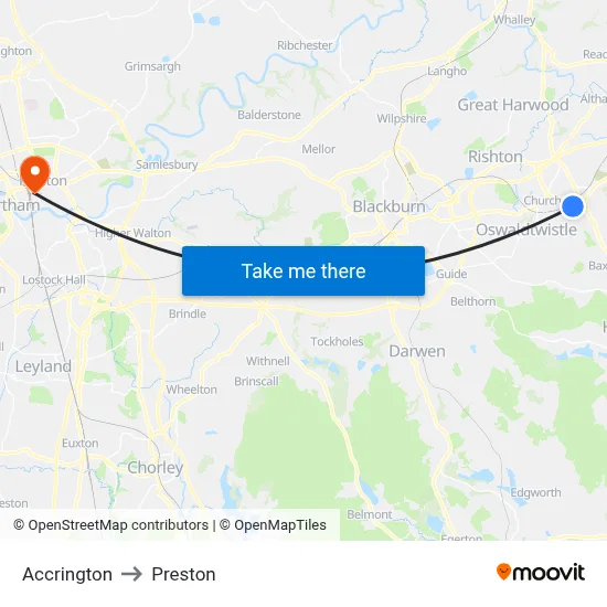 Accrington to Preston map