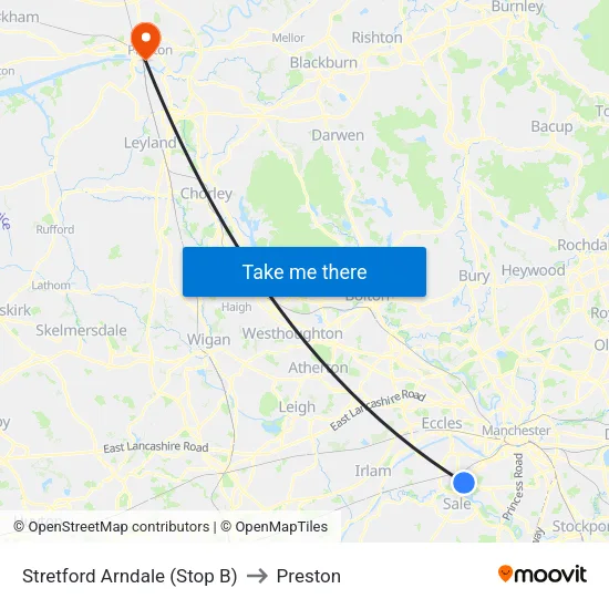 Stretford Mall to Preston map