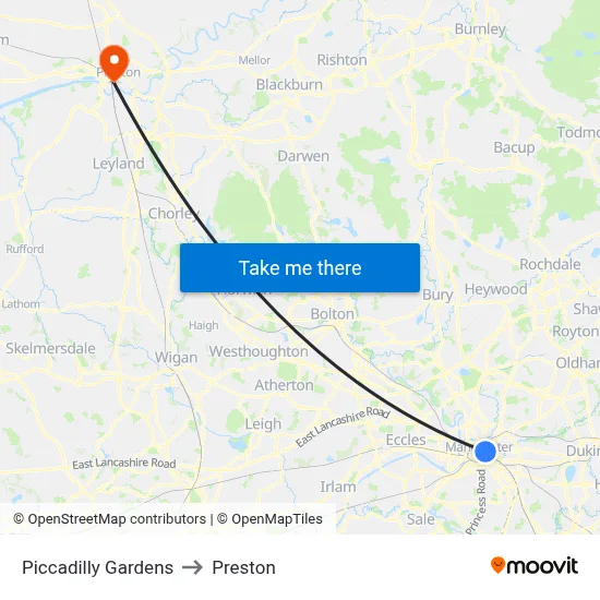 Piccadilly Gardens to Preston map
