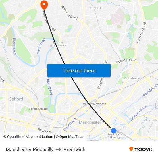 Manchester Piccadilly to Prestwich map