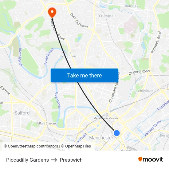 Piccadilly Gardens to Prestwich map