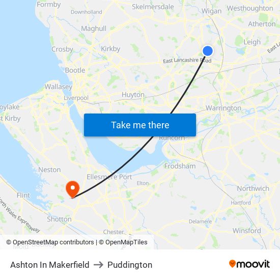 Ashton In Makerfield to Puddington map