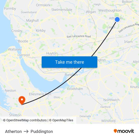 Atherton to Puddington map