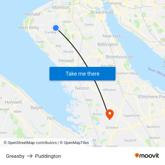Greasby to Puddington map