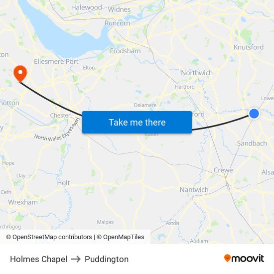 Holmes Chapel to Puddington map