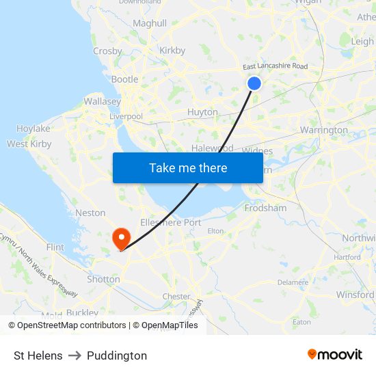 St Helens to Puddington map