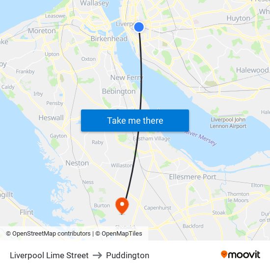 Liverpool Lime Street to Puddington map