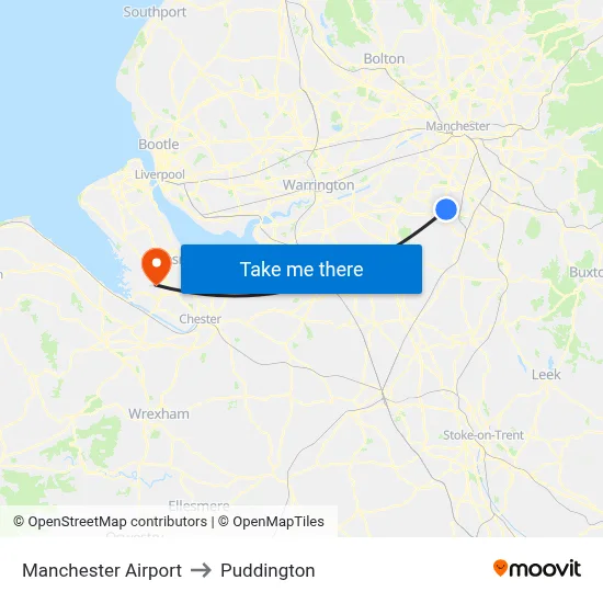Manchester Airport to Puddington map