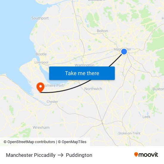 Manchester Piccadilly to Puddington map
